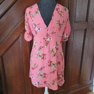 Pink Floral Dress Angela Fashion V-Neck Puff Sleeve Lightweight Lined Womens M
